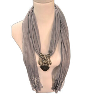 Silk Blend Wrap Scarf Necklace Gray Silver Charms Heart Western Boho Gypsy Soft